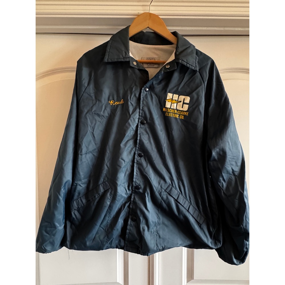 Vintage Hilscher Clarke Electric Co Coach Jacket USA Made Pro Line Mens L Blue
